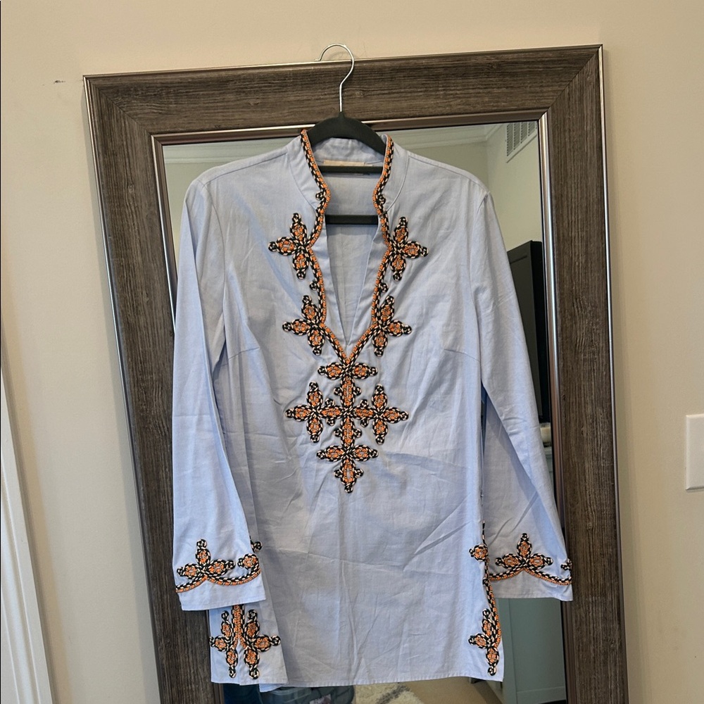 Tory Burch Light Blue Tunic with Orange Logo Trim